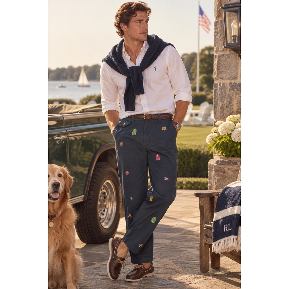 Polo Ralph Lauren Navy Multi Embroidered Icon Stretch Straight Chino Pants 38x32